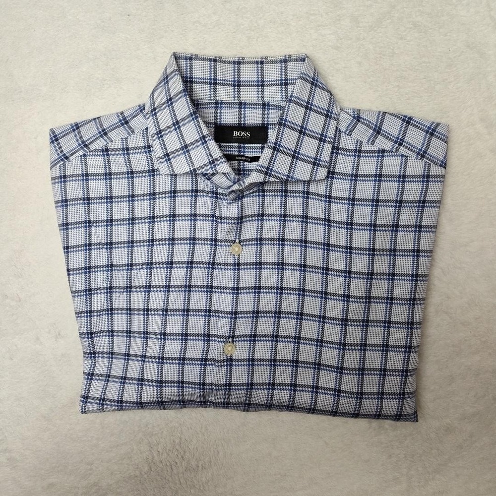 Hugo Boss Shirt Mens 15.5 Blue Check Slim Spread Collar Dress Long Sleeve Work